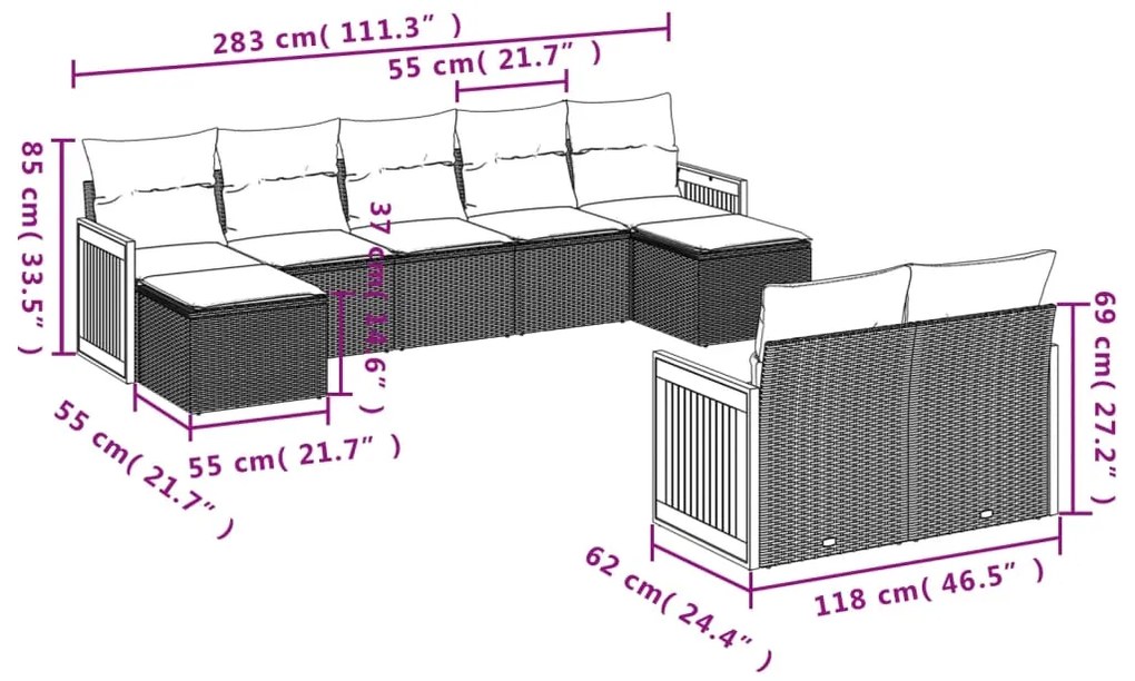 Set Divano da Giardino 10 pz con Cuscini Beige in Polyrattan