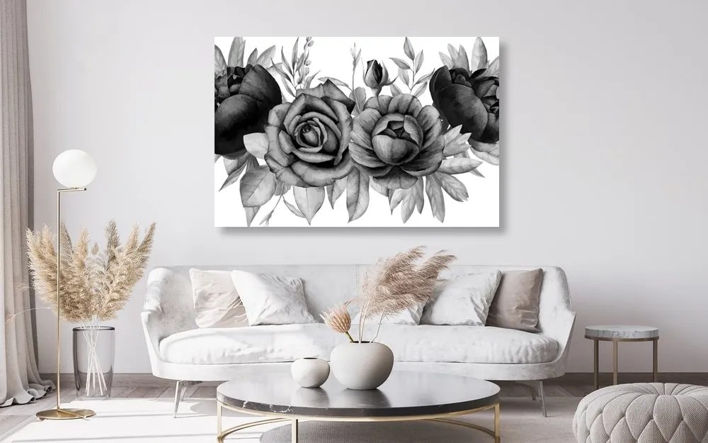 Stampa su tela – Incantevole combinazione di fiori e foglie in bianco e nero