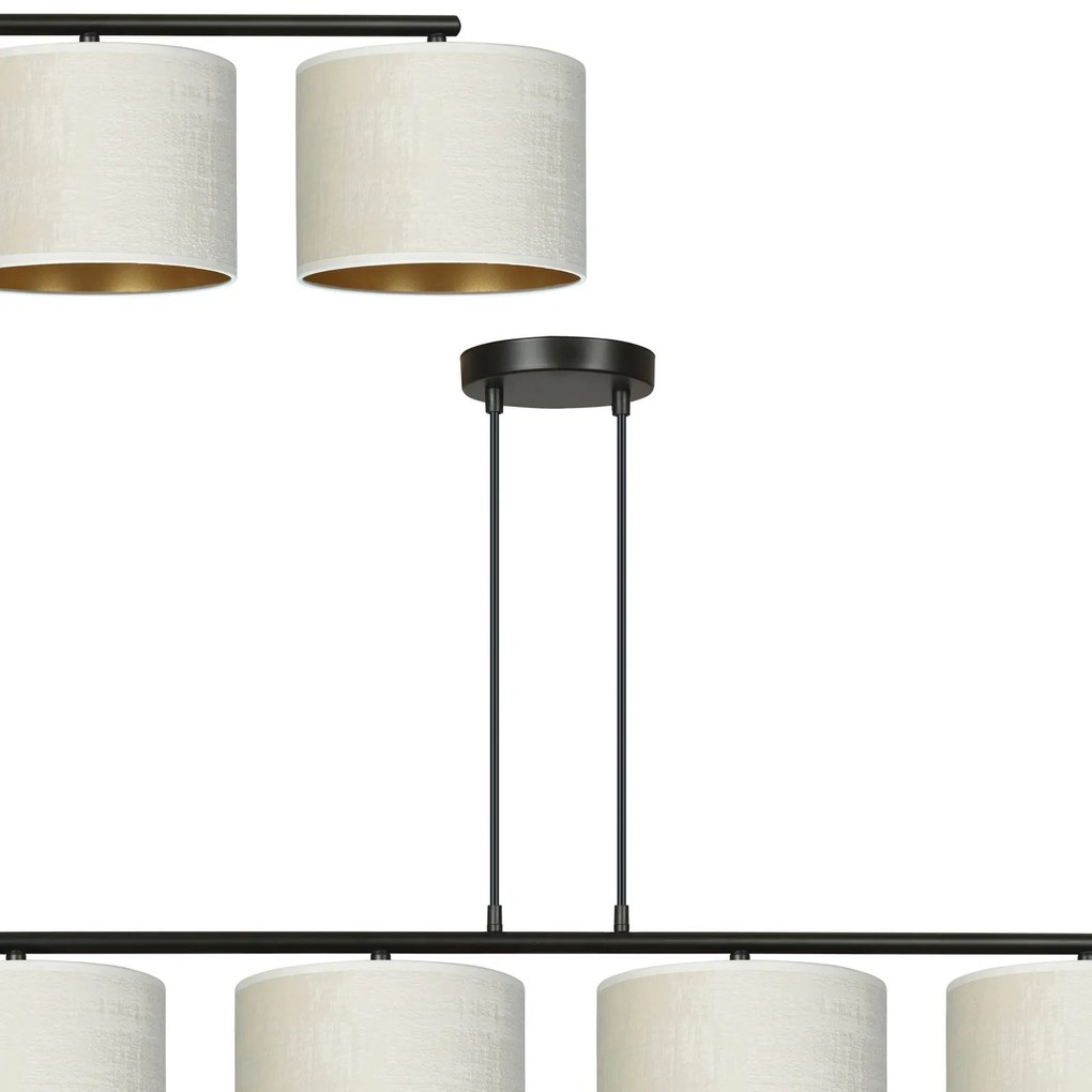 Lampadario 4 Luci Hilde In Acciaio Nero E Paralumi In Tessuto Beige