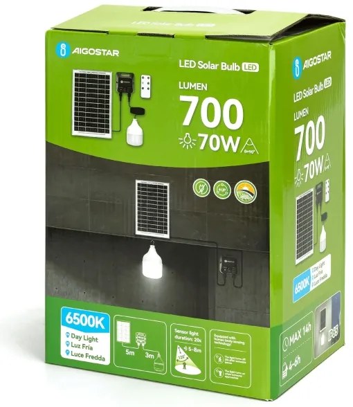 Aigostar - Lampadario solare a LED con sensore, 70W/12V, batteria 6000 mAh, 6500K, Ø 12 cm