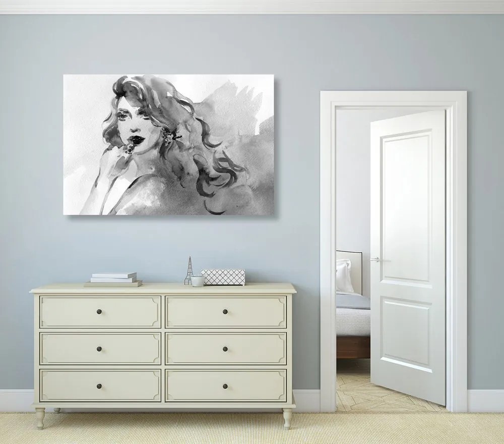 Quadro su tela – Ritratto femminile ad acquerello in bianco e nero