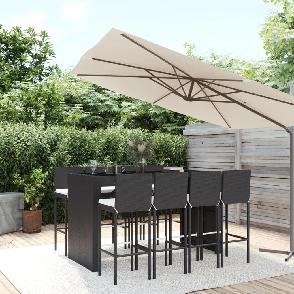 Set Bar da Giardino 9 pz con Cuscini in Polyrattan Nero