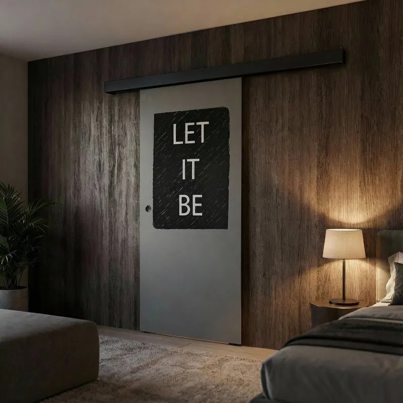 Porta scorrevole destra Let It Be in vetro grigio e nero e bianco, L 88 x H 215 cm, con binario Meli