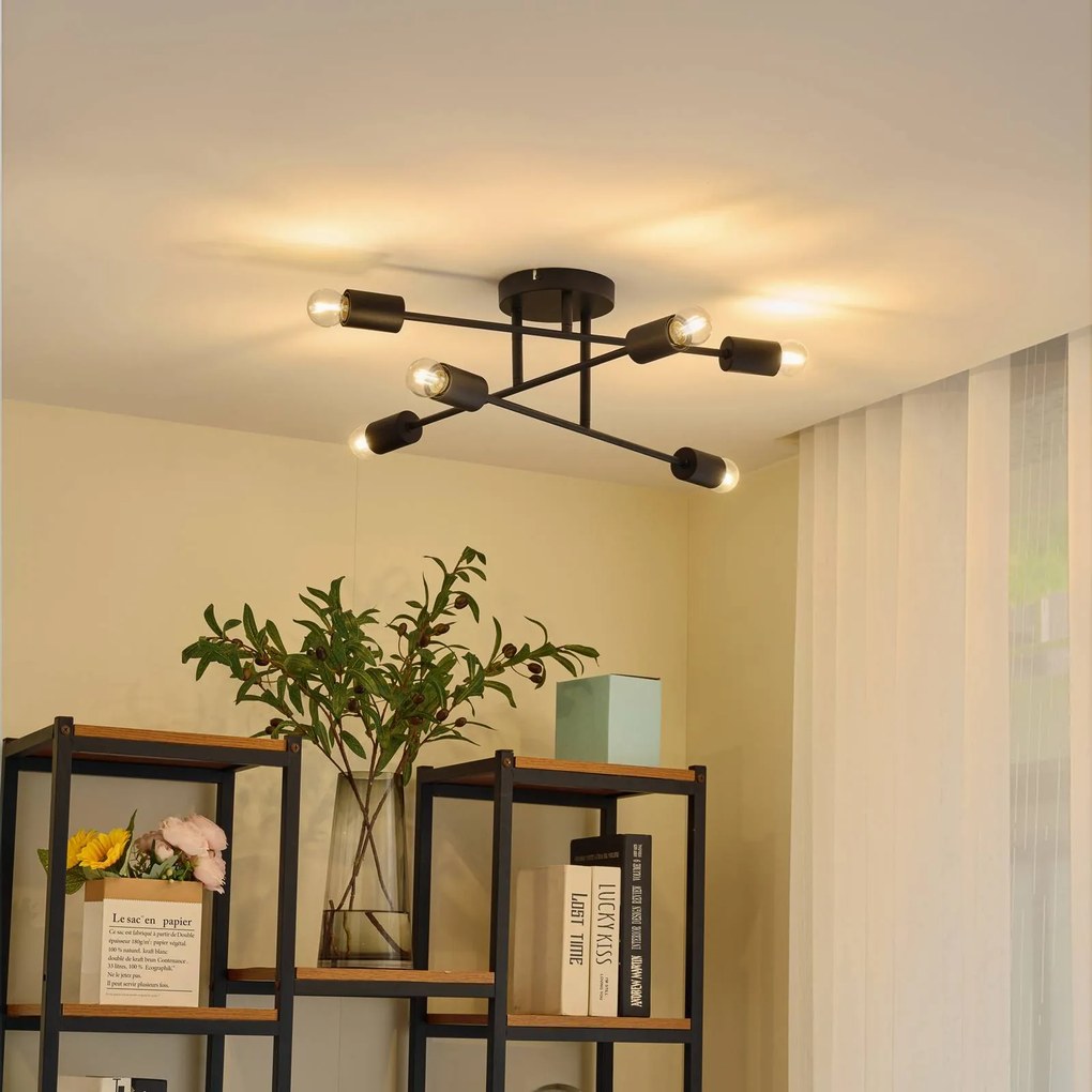 Plafoniera soffitto Estar Lindby, dimmerabile, Nero, Soggiorno / Sala da pranzo, Metallo, Vintage, Plafoniera