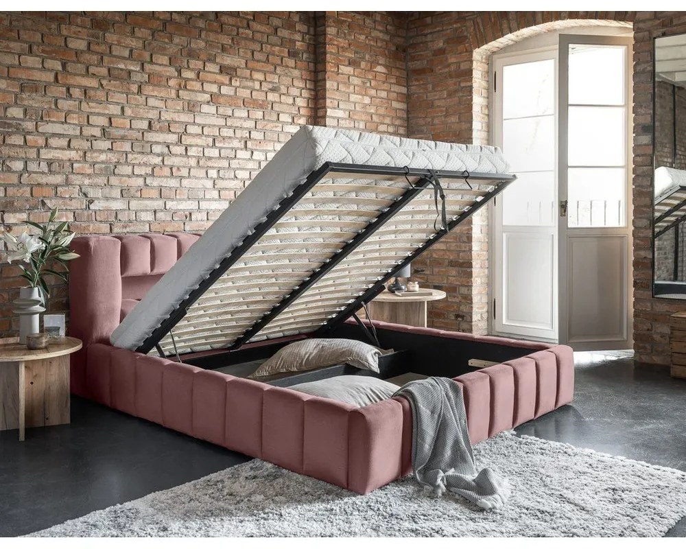 Letto matrimoniale imbottito rosa con contenitore con rete inclusa 180x200 cm Lamica – ELTAP