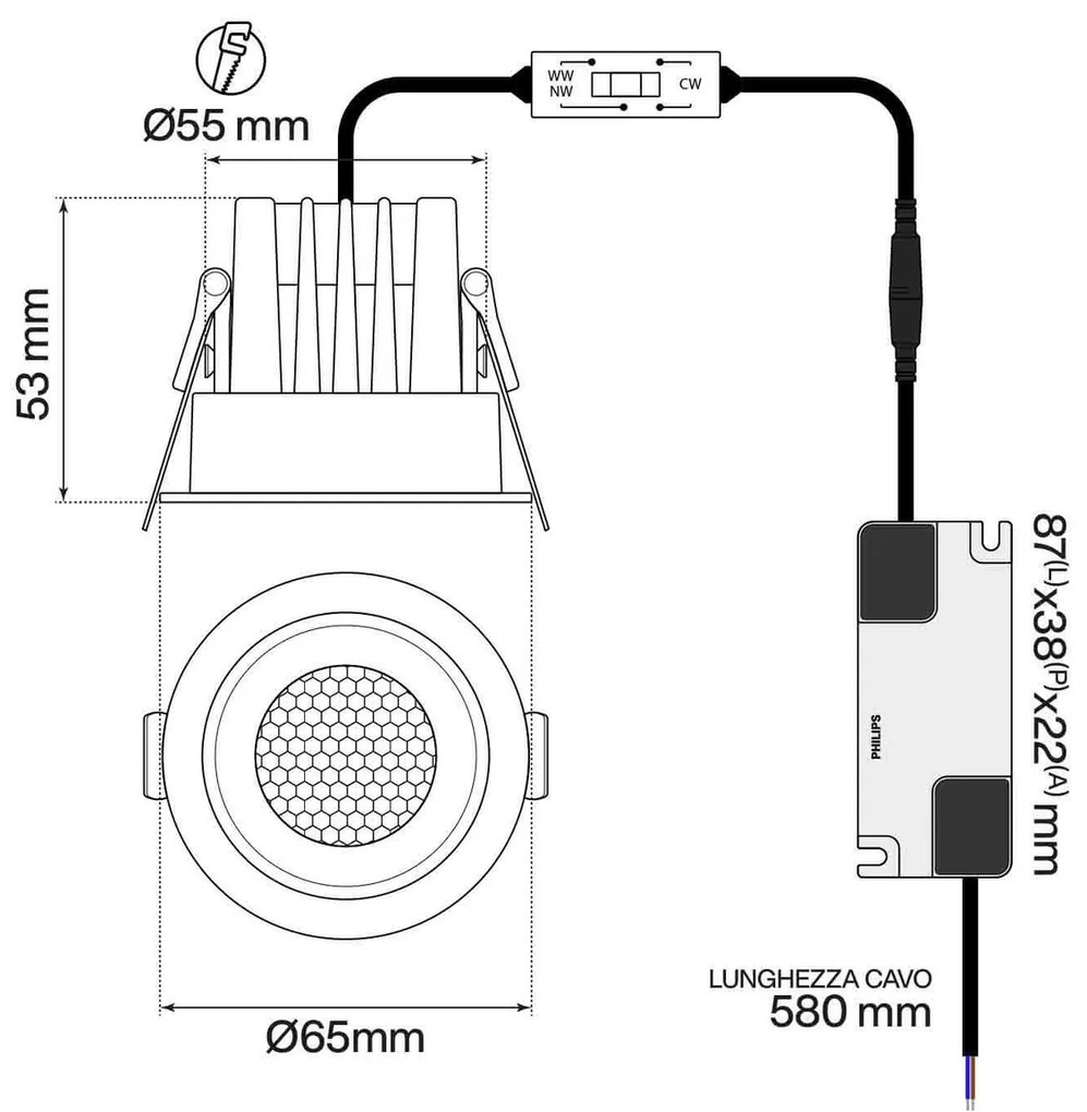 Faro da Incasso Nero 8W Foro Ø55mm CCT 15°-55° con driver Philips Colore Bianco Variabile CCT