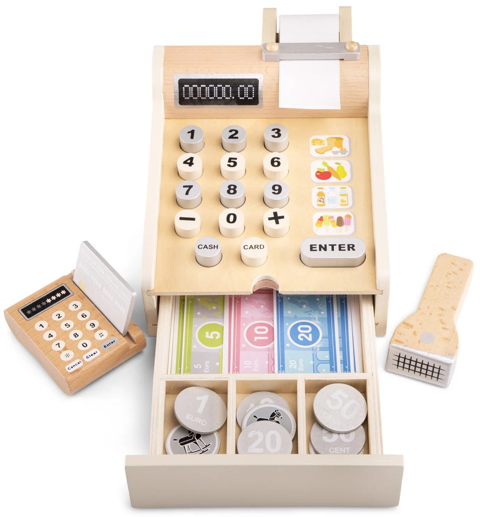 Registratore di cassa in legno con accessori