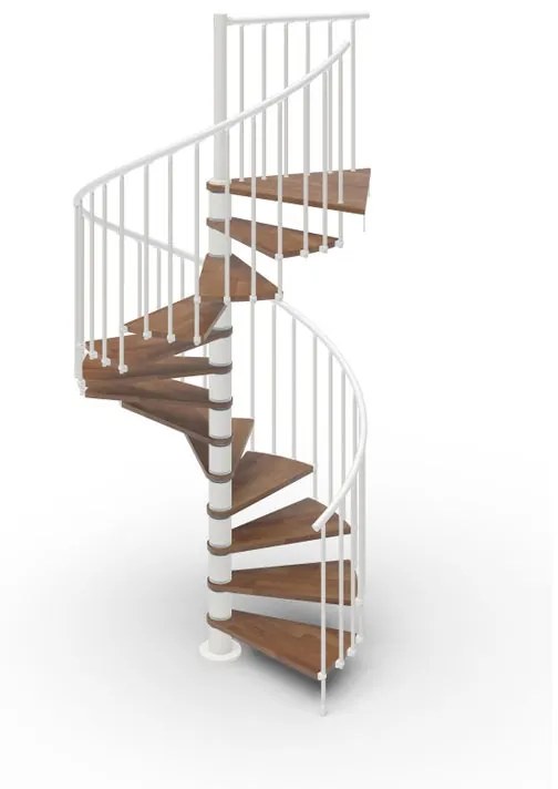 Scala a chiocciola a base tonda Luna IRIS, larghezza 140 cm, struttura in metallo bianco, gradini in legno noce