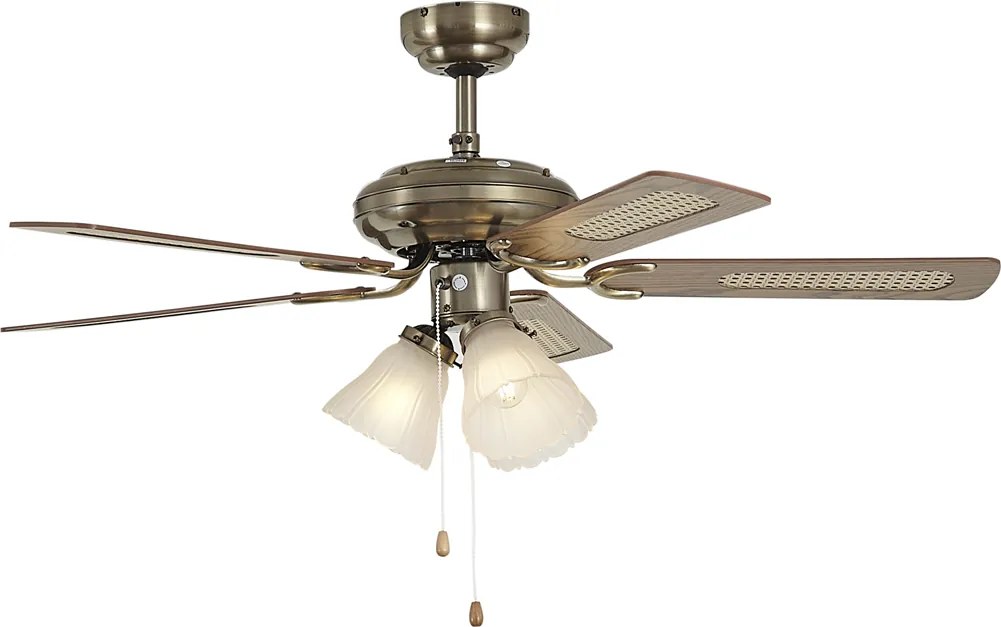 Ventilatore da soffitto in ottone con stampa legno e rattan 105 cm con interruttore a tirante - Mistral Lia