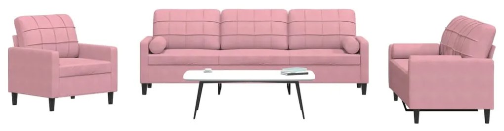 Set Di Divani 3 Pz Con Cuscini E Rinforzi Rosa İn Velluto /