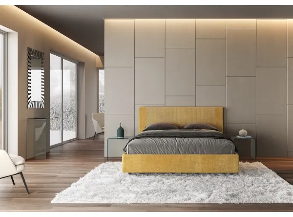 Letto matrimoniale contenitore imbottito 160x190 tessuto Labirinto 6 giallo Rosal