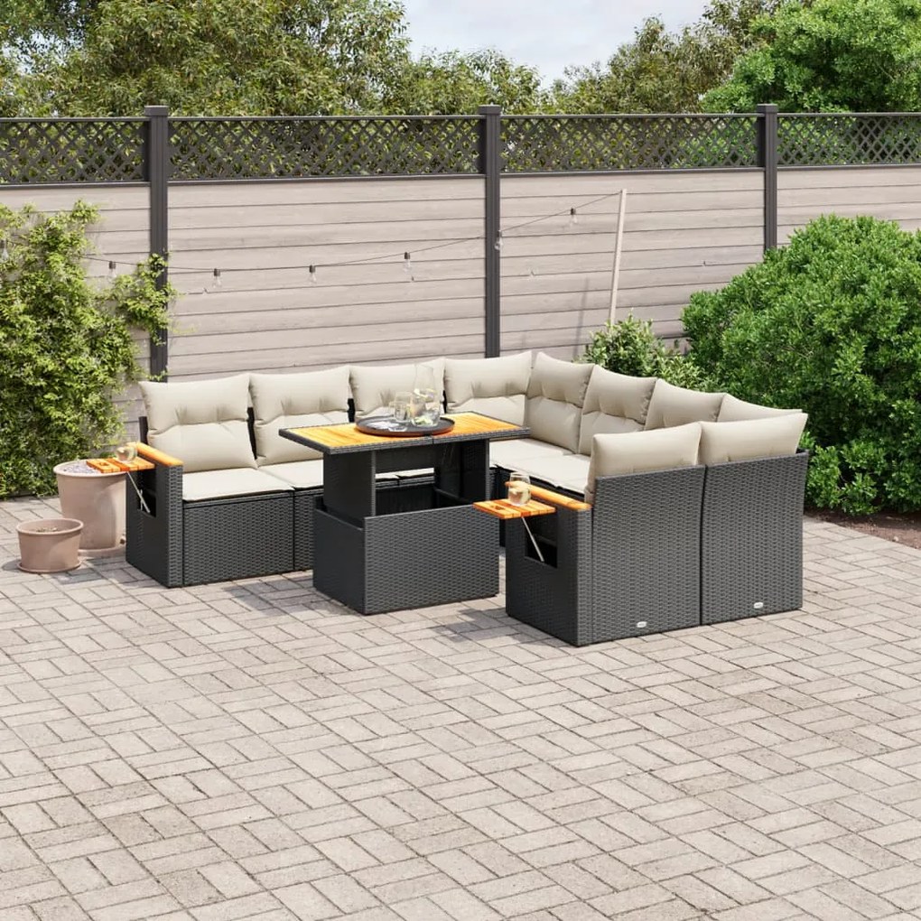 Set divani da giardino con cuscini 8 pz nero in polyrattan