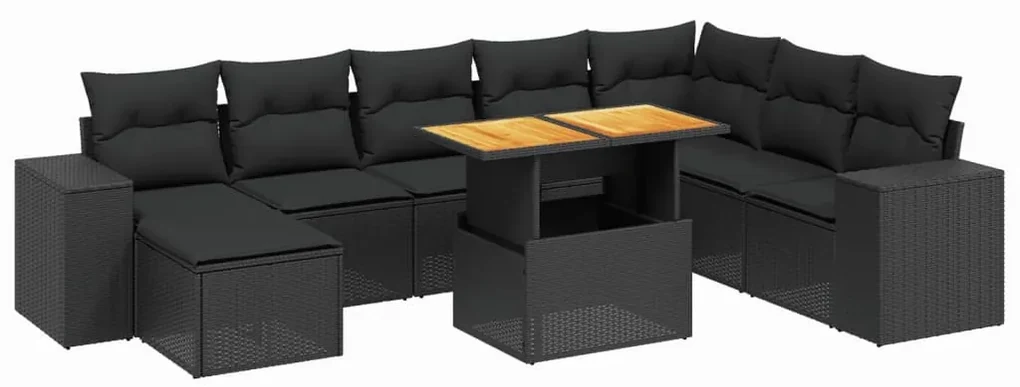 Set divani da giardino 9 pz con cuscini nero in polyrattan