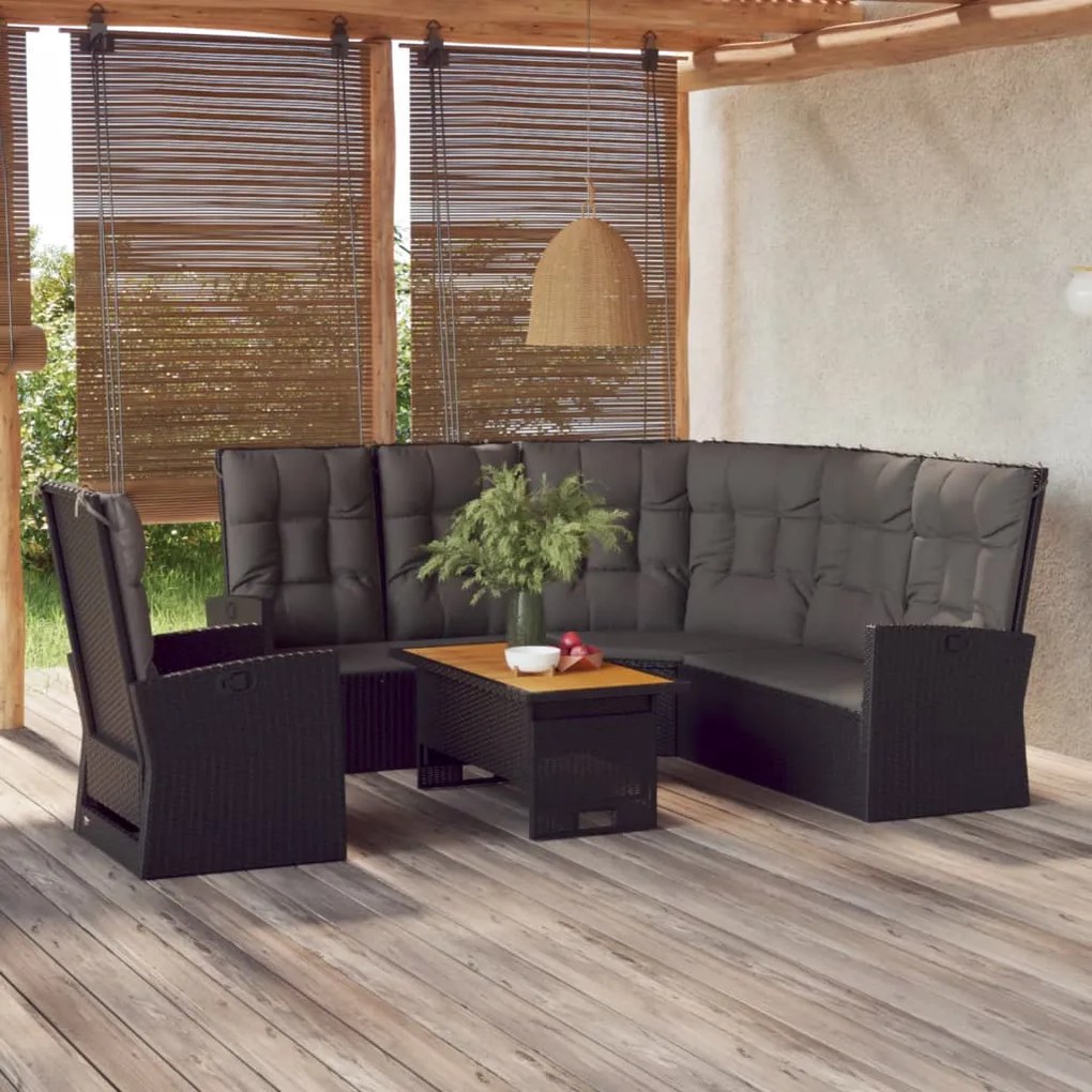 Set divani da giardino 3 pz con cuscini nero in polyrattan