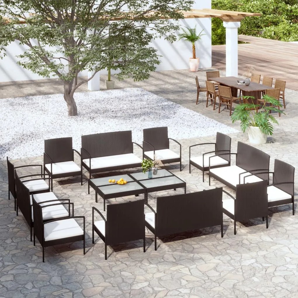 Set divani da giardino 16 pz con cuscini in polyrattan nero