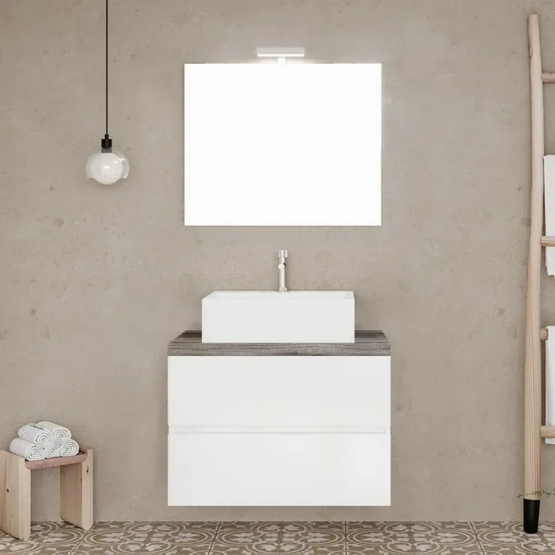 Mobile bagno sospeso 60 bianco top rovere fossile con specchio LED Town
