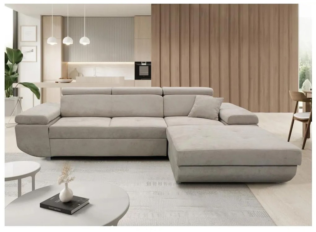 Divano letto angolare con contenitore a L CASTELO, lato destro, grigio