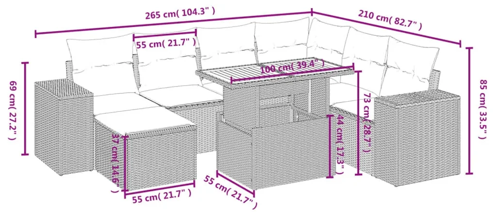 Set divani da giardino con cuscini 8 pz nero in polyrattan