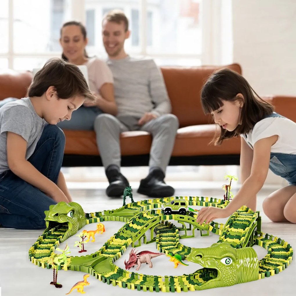 Costway Pista dinosauro per macchinine con 261 pezzi, Pista con dinosauri realistici ponti tunnel
