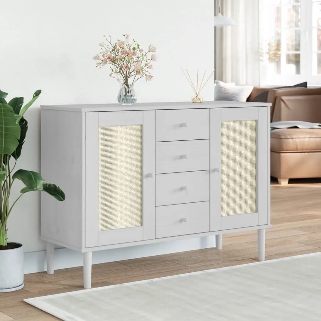 Credenza senja aspetto rattan bianco 112x40x80 cm massello pino