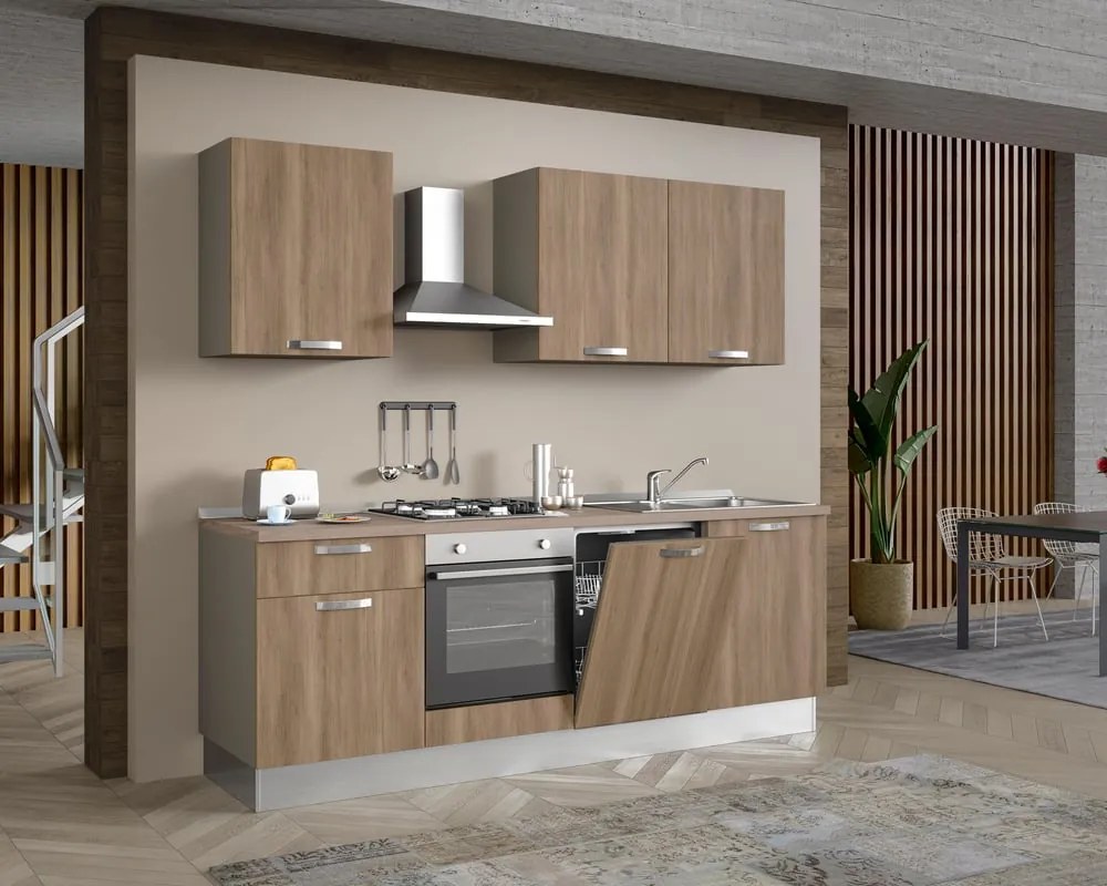 Cucina montata Dora rovere chiaro, lavello a destra, L 240 cm, completa di: cappa a camino, piano cottura a gas, forno, lavastoviglie