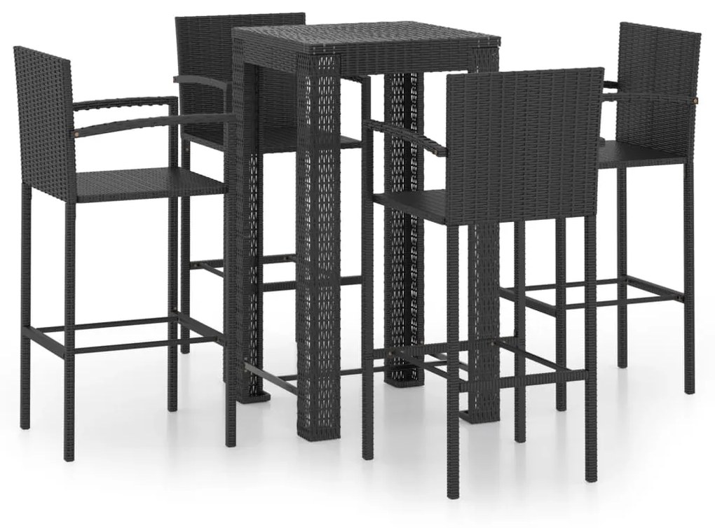 Set bar da giardino 5 pz con braccioli in polyrattan nero