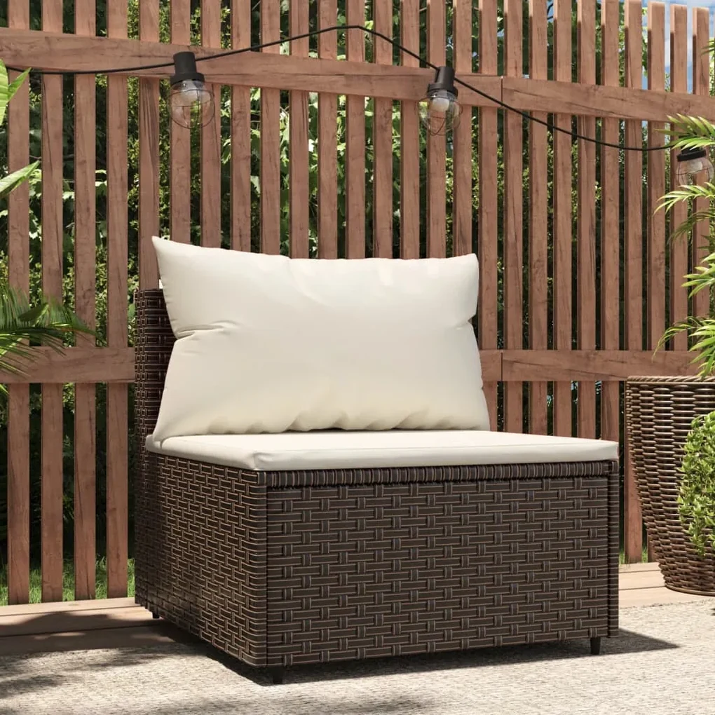 Divano centrale da giardino con cuscini in polyrattan marrone