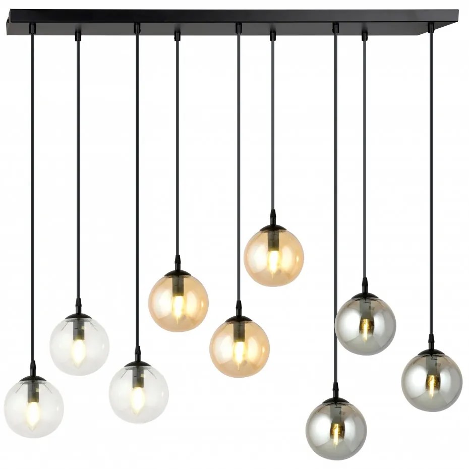 Lampadario a Sospensione in Acciaio e Vetro COSMO 9 Nero 9xE14 Colore delle Sfere Grafite, Trasparente, Ambrata