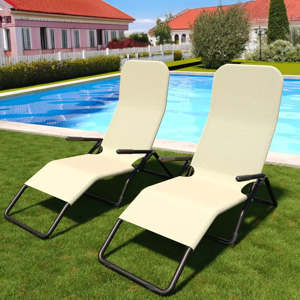 Coppia Di Lettini Basculante Pieghevole Prendisole Sedia Con Braccioli Sdraio Schienale Reclinabile Regolabile Struttura In Metallo Tubolare Spiaggia Mare Giardino Piscina 173 x 66 x 60 Cm (Beige)