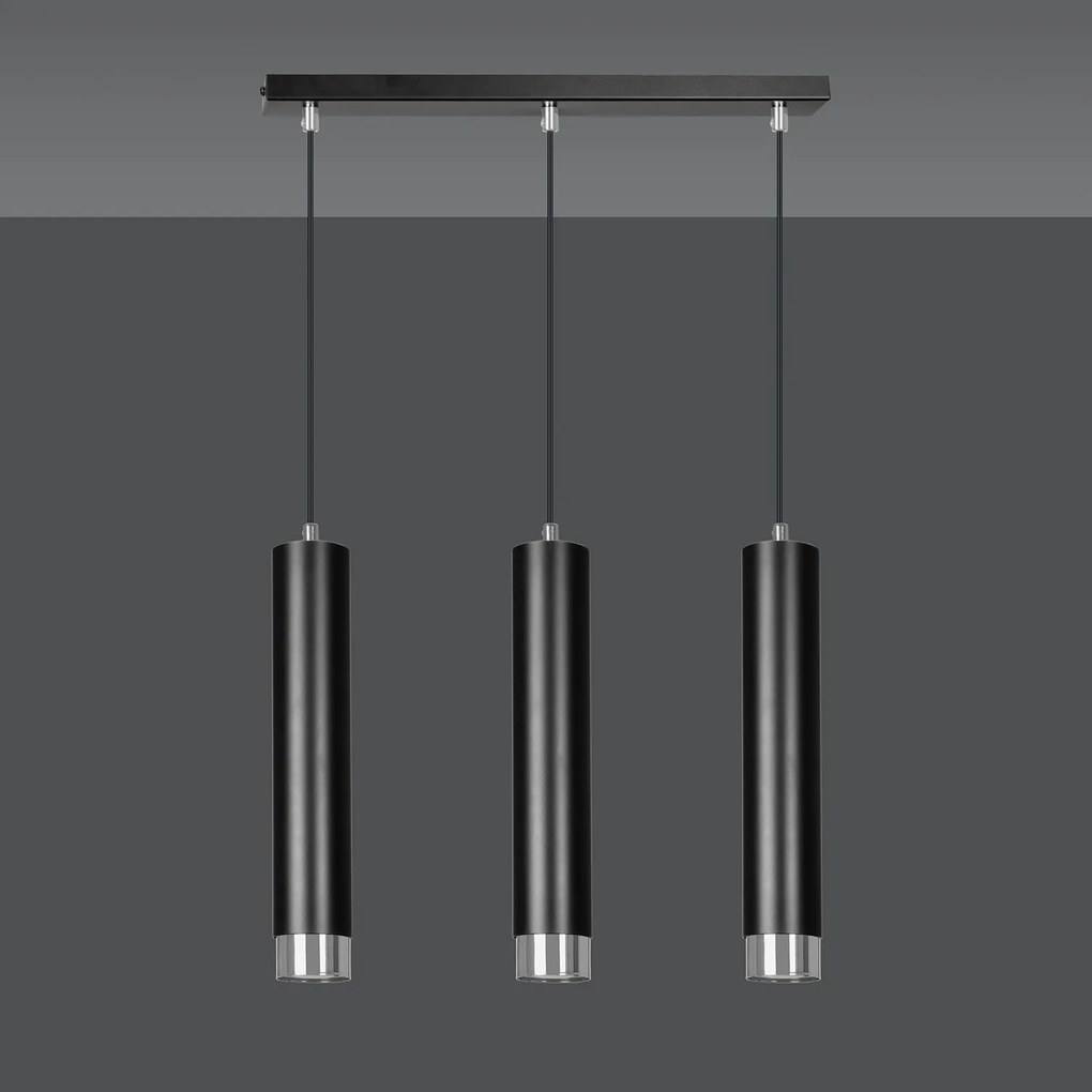 Lampadario 3 Luci Brunilde In Acciaio Nero E Tubolari In Nero E Cromo