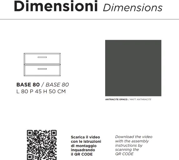 Mobile da bagno sospeso moderno base 80cm CLEIDE con 2 cassetti e lavabo, ANTRACITE OPACO