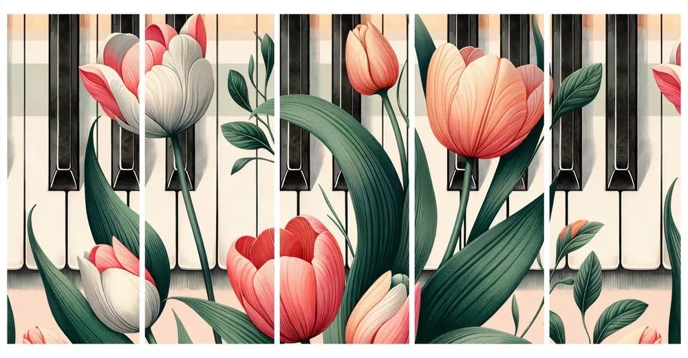 Quadri 5 pezzi – Pianoforte e tulipani in sinfonia floreale