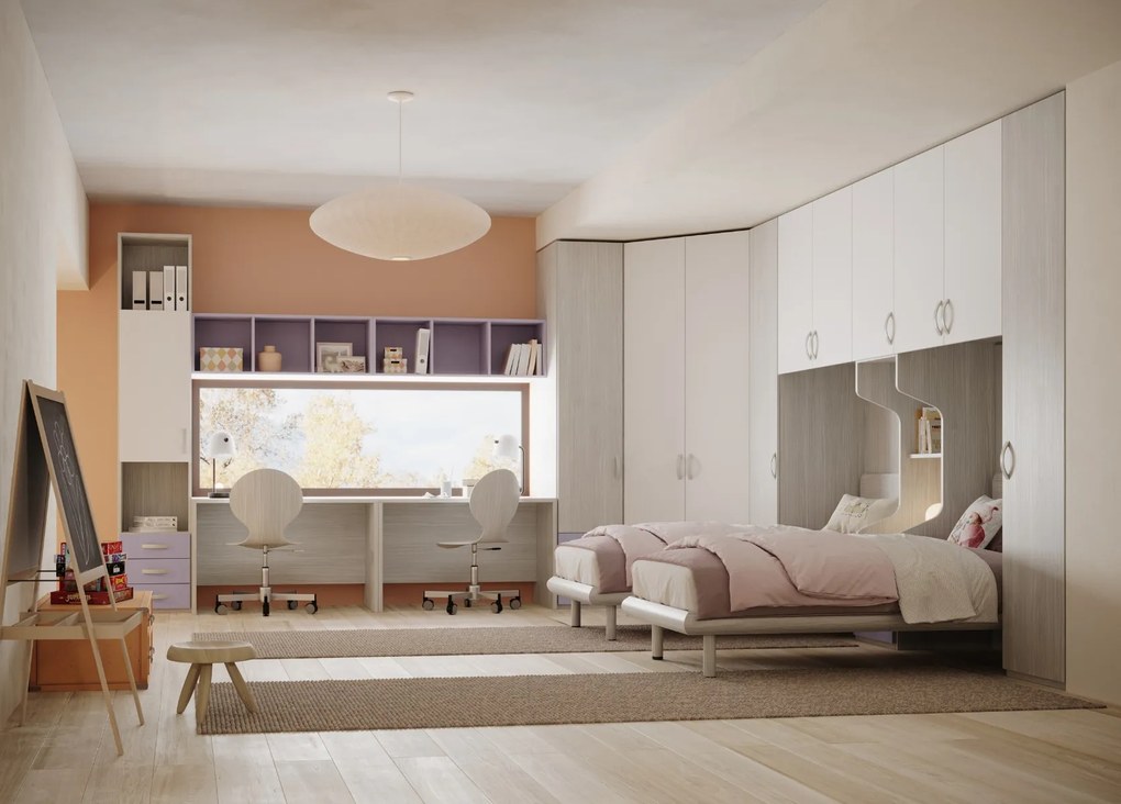 Cameretta David linea Fly finitura Cenere Wood, Bianco e Malva