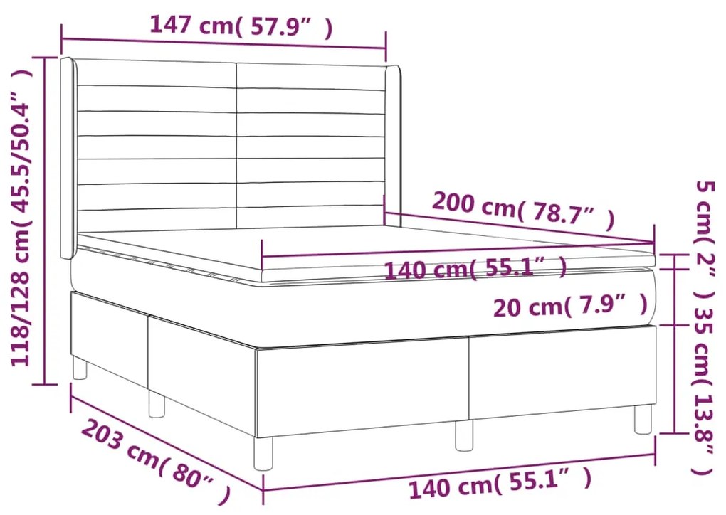 Letto a Molle con Materasso e LED Blu 140x200 cm in Tessuto