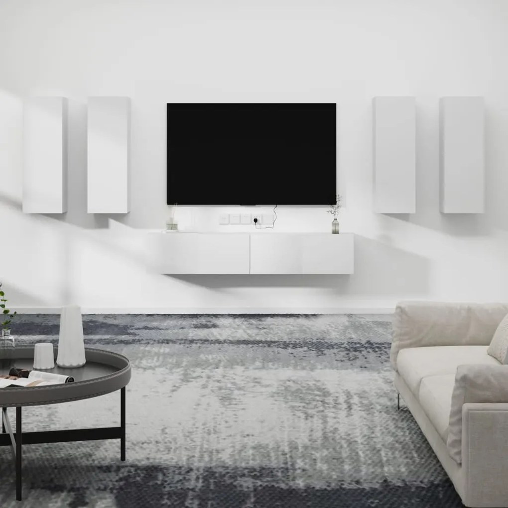 Set Di Mobili Porta Tv 6 Pz Bianco İn Legno Multistrato /