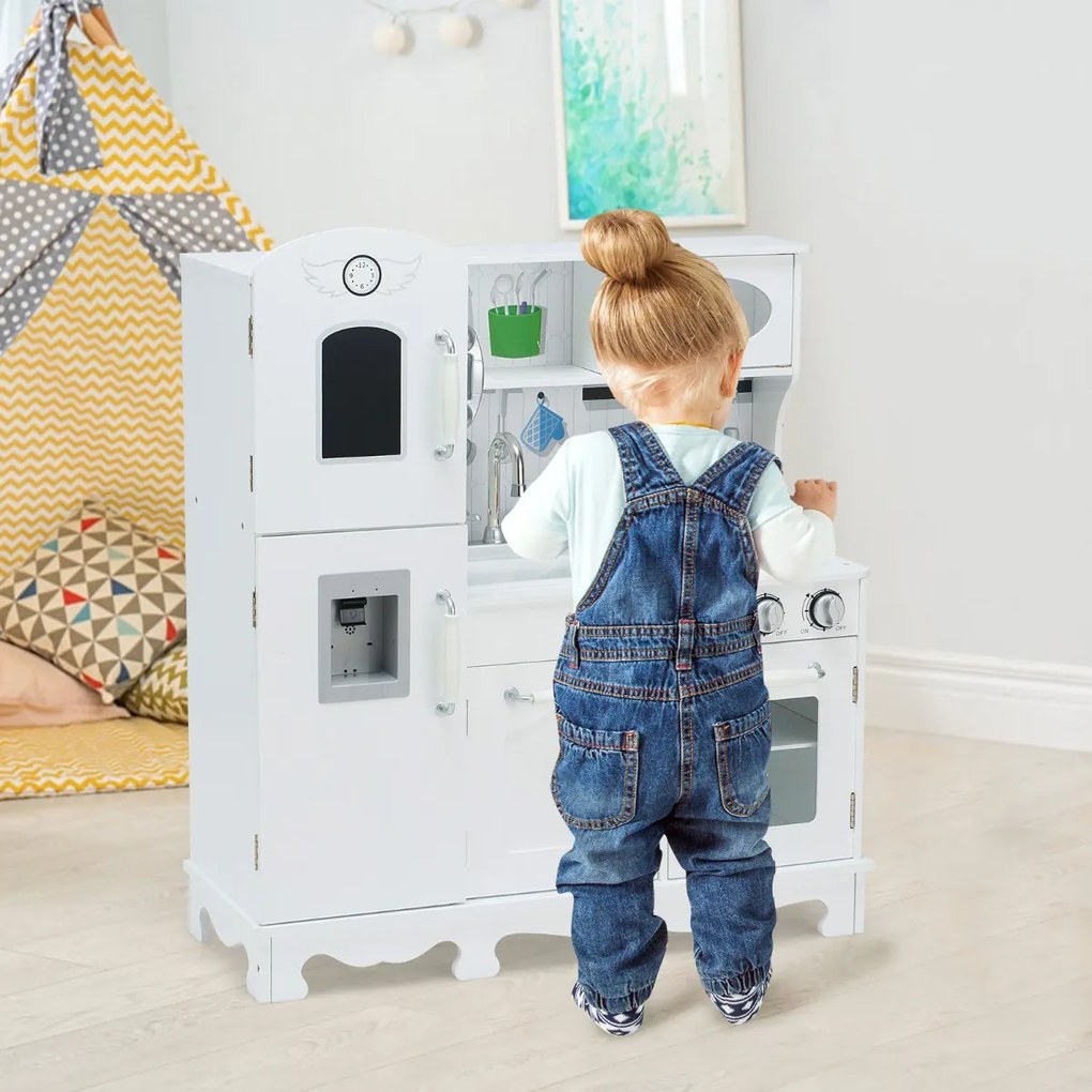 Costway Cucina giocattolo per bambini in legno con accessori telefono lavello forno fornelli, Set giochi cucina Bianco