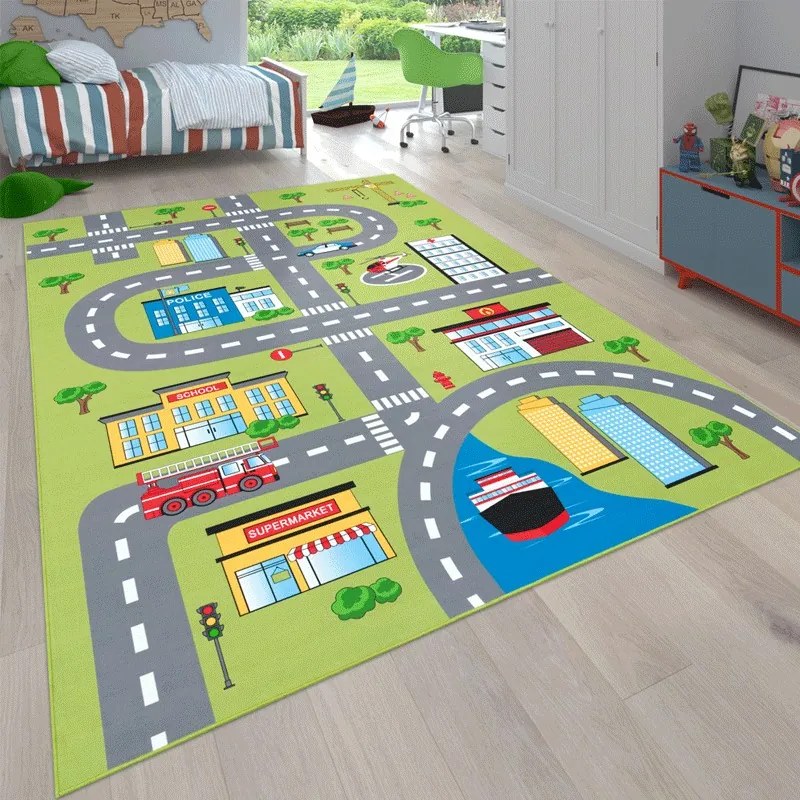 Tappeto per Bambini Strade di città  Colore Verde, Dimensioni cm 160 tondo