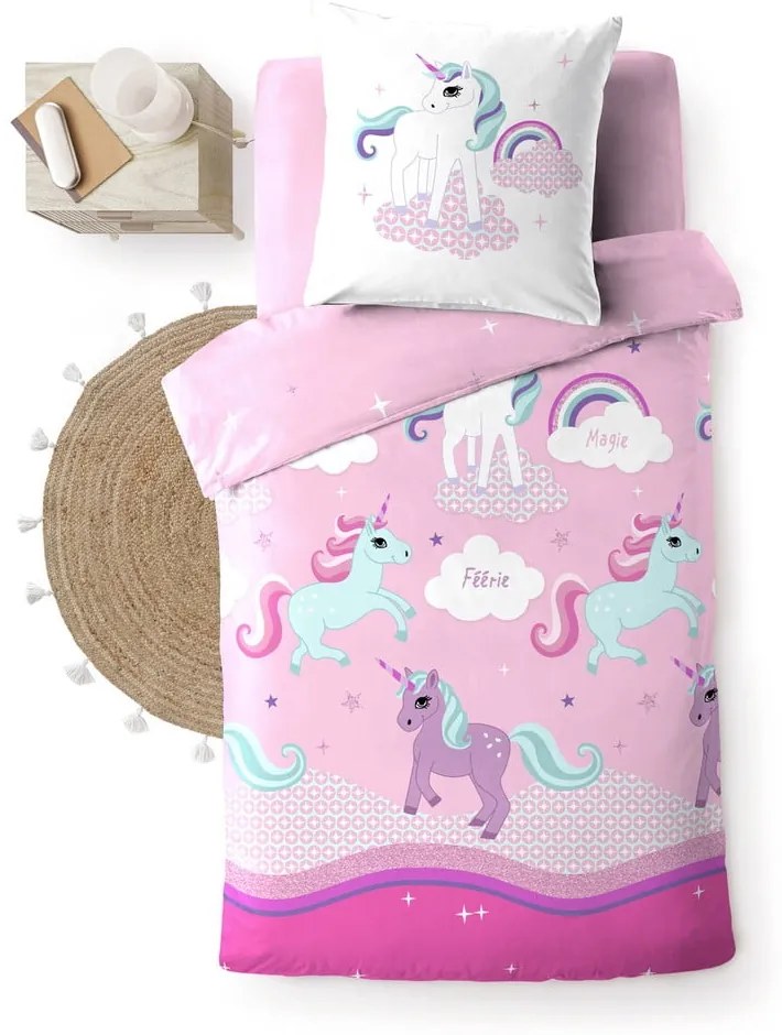 Set copripiumino e federa da bambini rosa in cotone per letto singolo 140x200 cm Licorne – douceur d'intérieur