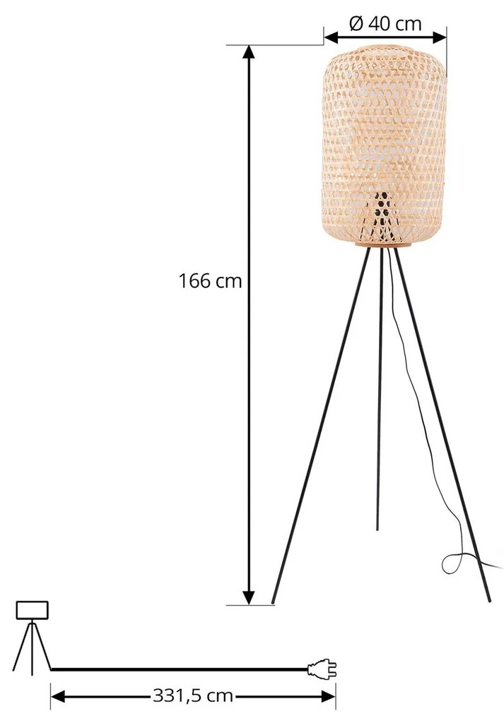 Lucande, lampada da terra Jorick, bambù, nero, treppiede