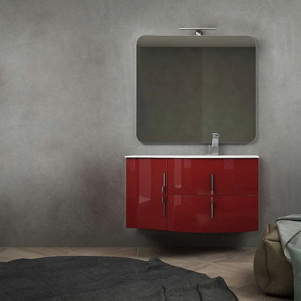 Mobile da bagno onda rosso lucido sospeso moderno 105 cm con chiusure soft close specchio e lampada LED (versione destra)