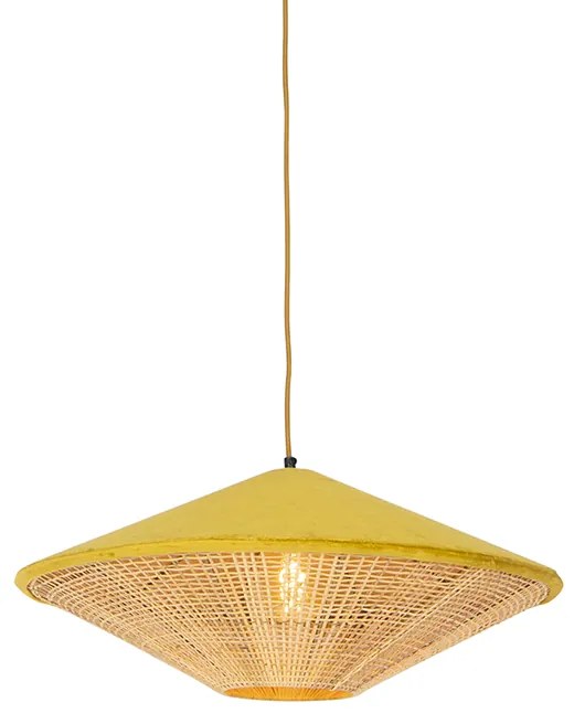 Lampada a sospensione stile country velluto giallo con rattan 60 cm - Frills Can