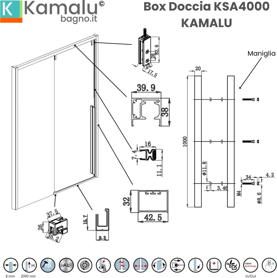 Doccia nicchia 130cm finitura acciaio spazzolato | KSA4000AS - KAMALU