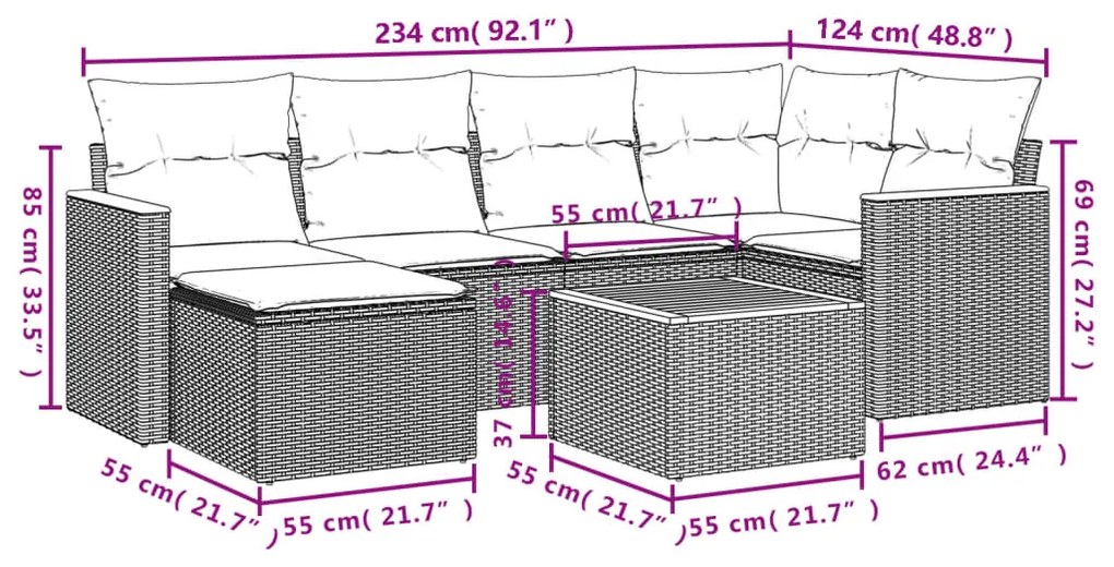 Set divani da giardino con cuscini 7pz nero polyrattan