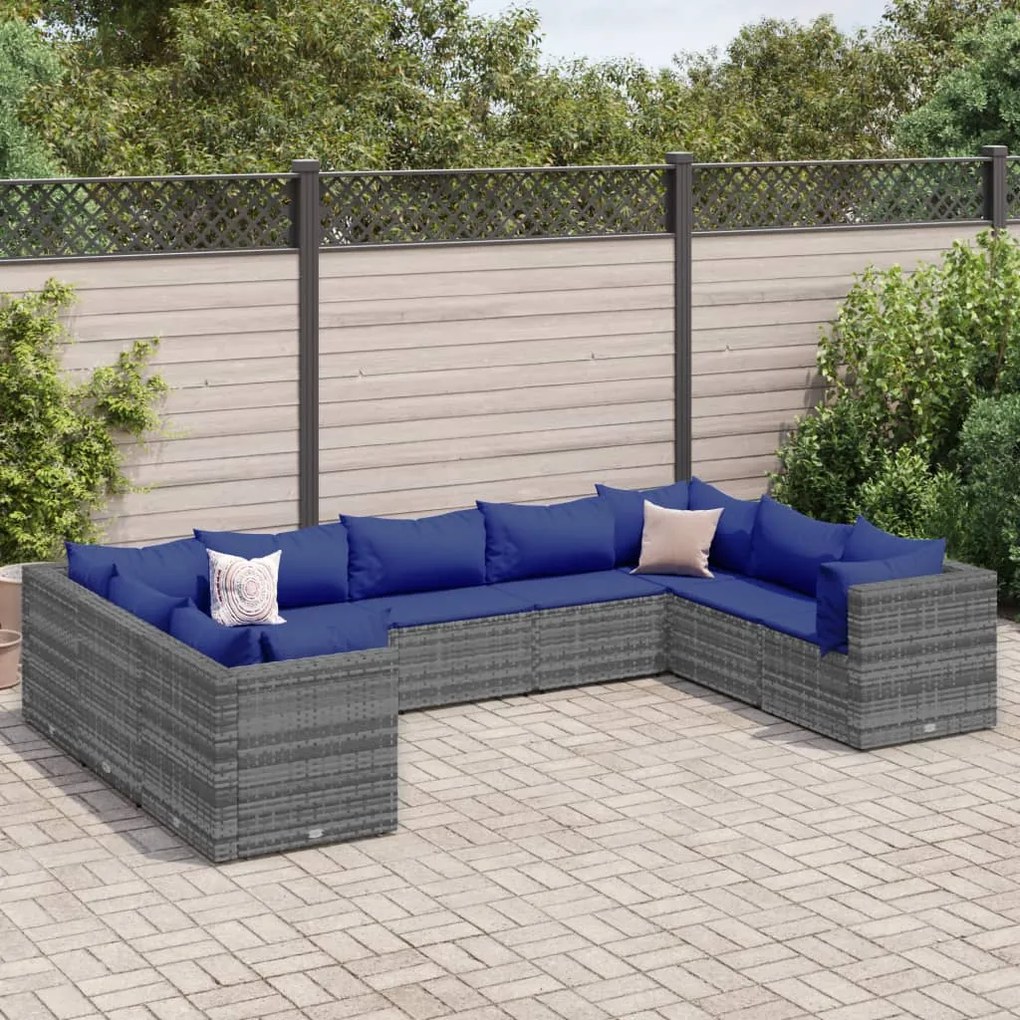 Set divani da giardino 9 pz con cuscini in polyrattan grigio