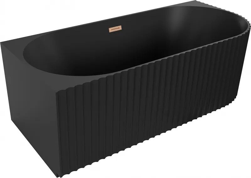 Mexen Gia vasca da bagno freestanding angolare sinistra con scanalature 150 x 75 cm, nero opaco, troppopieno rame spazzolato