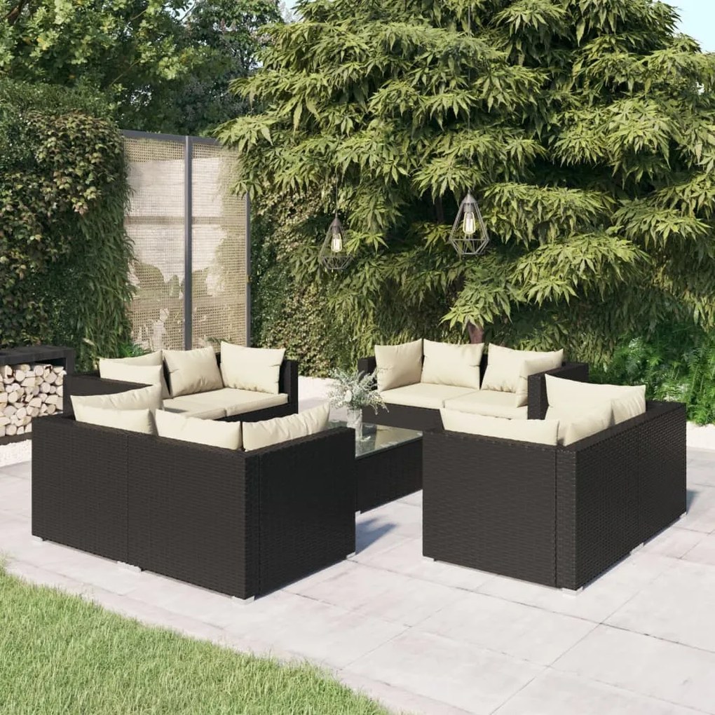 Set divani da giardino 9 pz con cuscini in polyrattan nero