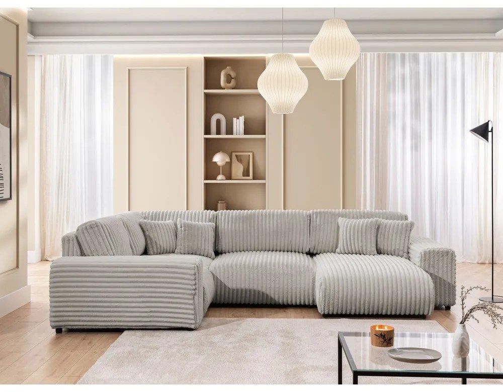Divano angolare grigio chiaro (con penisola a sinistra/a U) rivestito in velluto a coste Justin – Ropez