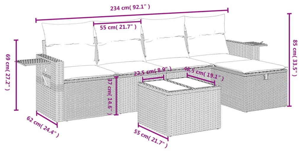 Set divano da giardino 6 pz con cuscini nero in polyrattan