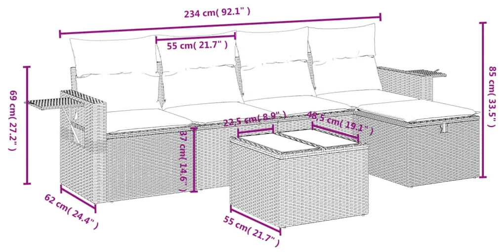 Set divano da giardino 6 pz con cuscini nero in polyrattan