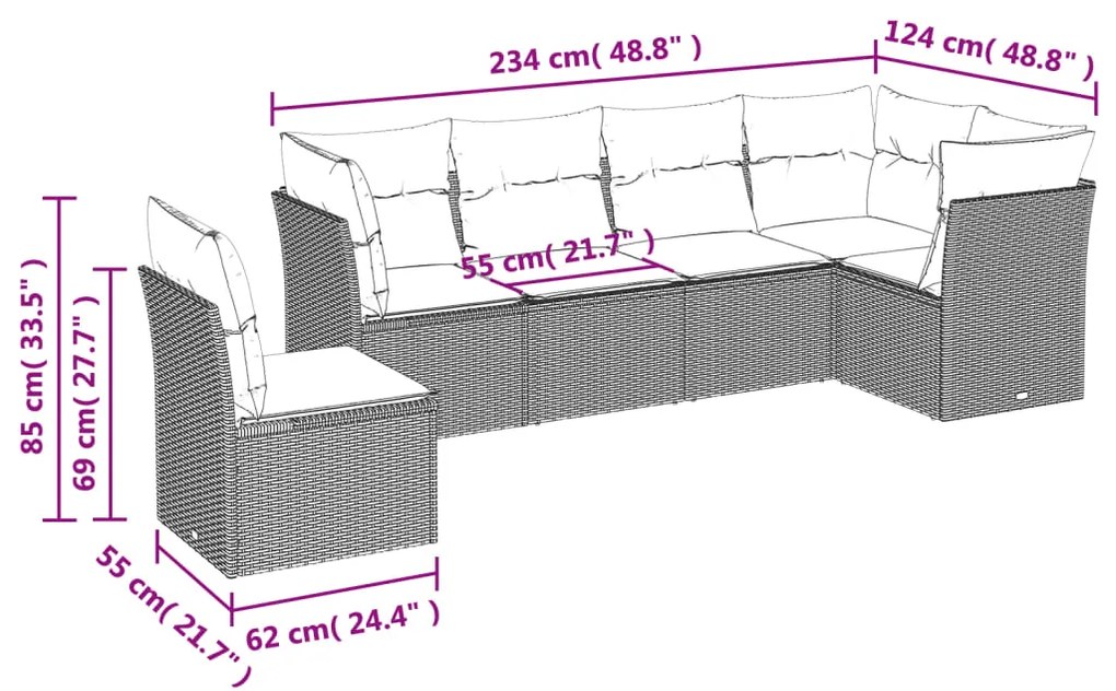 Set divano da giardino 6 pz con cuscini nero in polyrattan